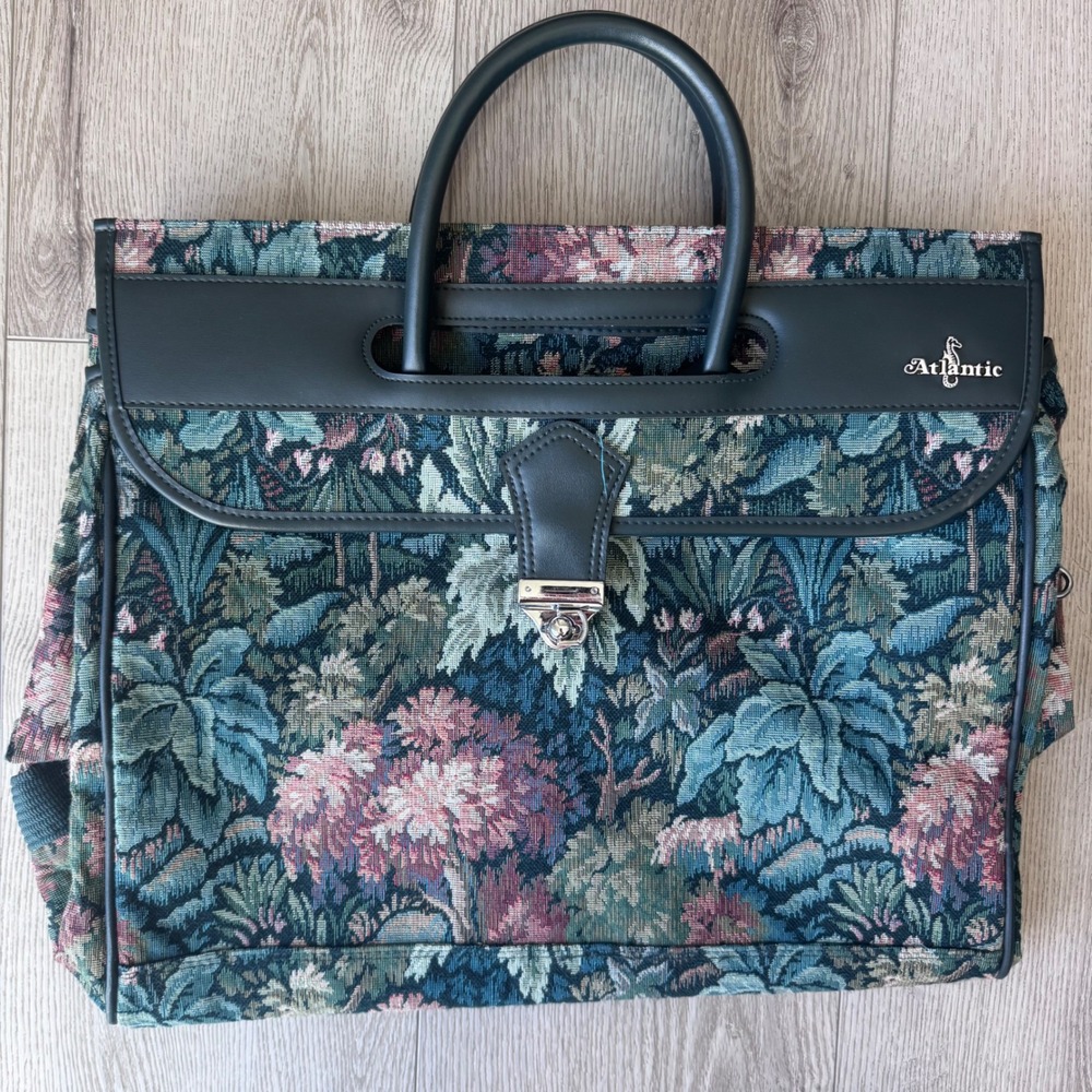 Vintage Atlantic Floral Tapestry Luggage Bag Weekend Travel Tote Green Pink 90s